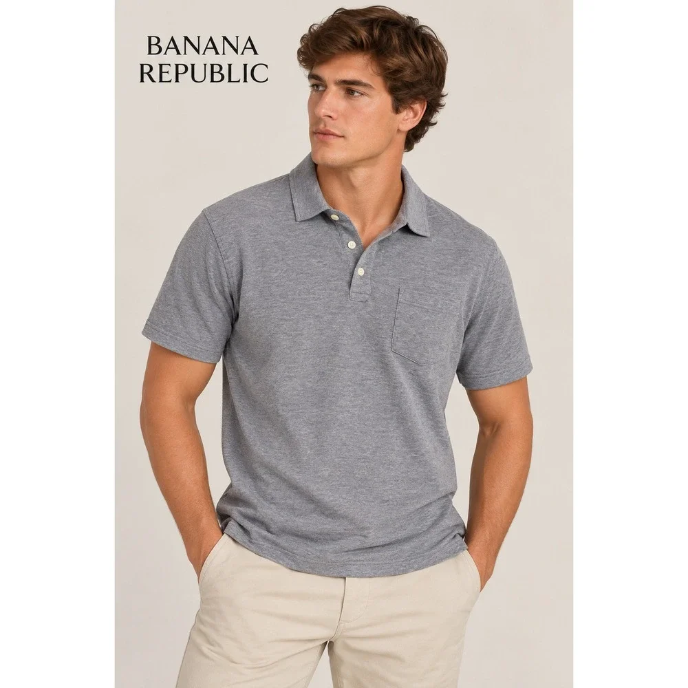 Banana Republic Mens Gray Short Sleeve Pique Polo Shirt Chest Pocket Size M